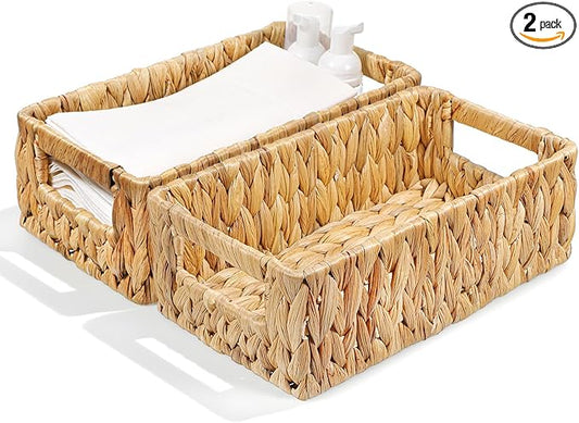 Water Hyacinth Baskets for Shelves Rattan Woven Basket Storage Organizer Bins with Built-in Handles Decorative Shallow Rectangle Pantry Organizers for Organizing Countertop Bathroom