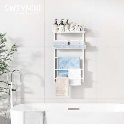 SWTYMIKI Over The Door Towel Racks for Bathroom - 5-Tier Wall Mounted Bathroom Towel Storage Organizer Holder with Metal Shelf, White