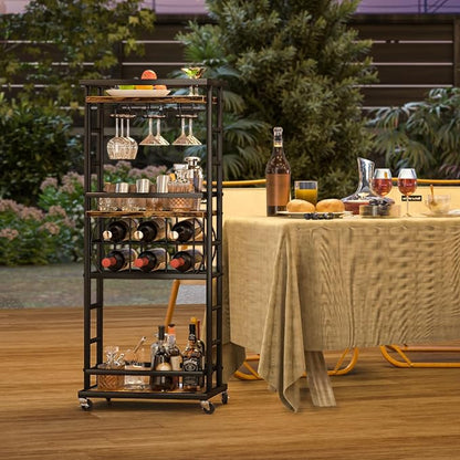 4 Tier Bar Cart for Home with Wheels,Home Bar Serving Cart, Rolling Mini Wine Cart with Wine Rack and Glass Holder, Drink Cart for Dining Room, Living Room, Kitchen, Bar and Outdoor, Rustic Brown