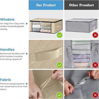 HomeHacks Storage 4-Pack Clothes Organizer Storage Bags Foldable Storage Box with Large Clear Window Sturdy Handles for Closet, Dorm, Pillows, Bedding, Clothes, Blankets, 35L, Beige