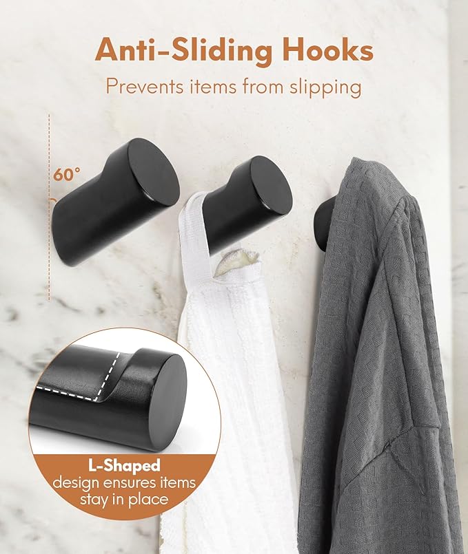Wood Wall Hooks for Hanging, 6 Pack Hat Hook for Walls, Coat Hook Wall Mount, Backpack Hooks for Walls, Bathroom Towel Hanger (Black)