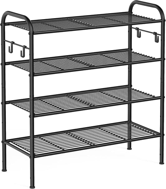SONGMICS Shoe Rack, 4-Tier Shoe Organizer, Metal Shoe Shelf Storage with 4 Side Hooks, Holds 16 Pairs of Shoes, Height-Adjustable Shoe Rack for Entryway, Hallway, Closet, Ink Black ULMR069B01