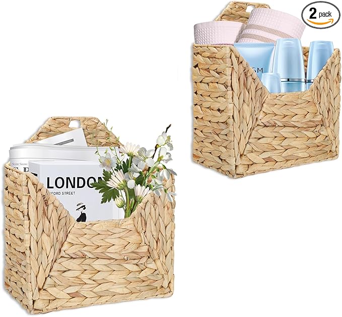 Wall Mounted Storage Baskets, 2PCS Handmade Water Hyacinth Storage Baskets Wall Hanging Organizing Container for Living Room,Bedroom,Kitchen (Large+Small)