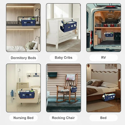 Surblue Bedside Organizer with Hook Bedside Caddy Hanging Storage Bag with Adjustable Straps and Water Bottle Holder for Home College Dorm Bunk Bed Accessories, Crib Bed Rails, Hospital Bed，Navy