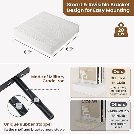 fuqing Floating Shelves for Wall, Wall Mounted Wood Floating Shelf with Invisible Brackets for Living Room, Bathroom, Bedroom, Kitchen Storage and Decor,6.5 Inch Set of 3, White