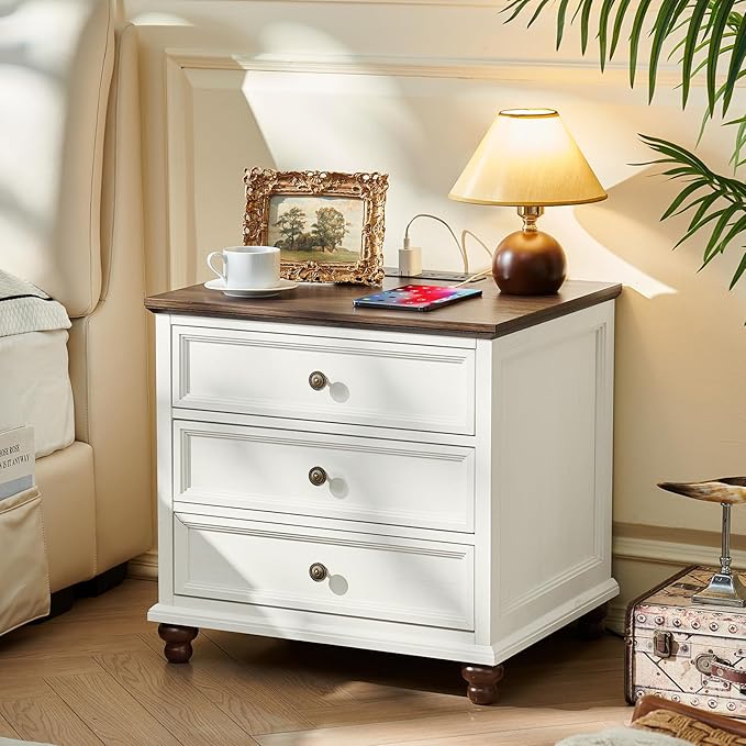 Joaxswe Farmhouse Nightstand Set of 2 with Charging Station, 24" Wide End Table with 3 Drawers,Dresser for Bedroom,Bed Side Table Chest of Drawers Cabinet,Wood White Night Stand for Living Room