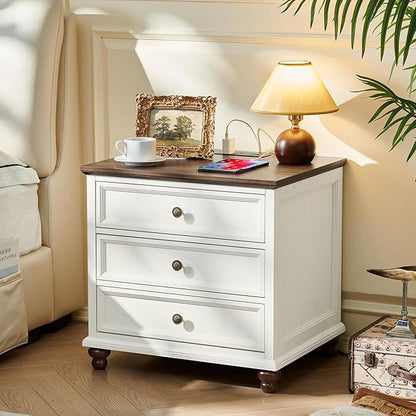 Joaxswe Farmhouse Nightstand Set of 2 with Charging Station, 24" Wide End Table with 3 Drawers,Dresser for Bedroom,Bed Side Table Chest of Drawers Cabinet,Wood White Night Stand for Living Room