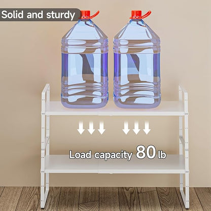 jkxoo 16.5-27’’L Expandable Kitchen Shelf Organizer, Stackable Shelves Organizer, Adjustable Height Pantry Spice Rack for Cabinet, Countertop, Pantry and Cupboard, White