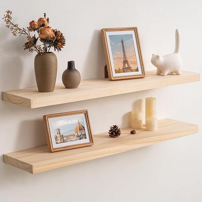Fun Memories 36 Inch Floating Shelves for Wall, Deep Rustic Solid Wood Floating Shelves for Storage - Farmhouse Wall Mounted with Heavy-Duty Metal Bracket, 36" W x 8" D, Set of 2,Unfinished for DIY