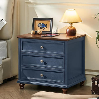 Joaxswe Farmhouse Nightstand with Charging Station, 24" Wide End Table with 3 Drawers,Blue Wood Dresser for Bedroom, Bed Side Table Chest of Drawers Cabinet,Night Stand for Living Room, Closet