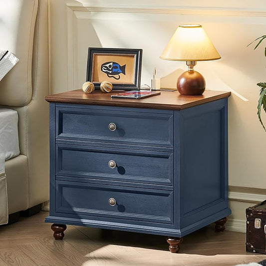 Joaxswe Farmhouse Nightstand with Charging Station, 24" Wide End Table with 3 Drawers,Blue Wood Dresser for Bedroom, Bed Side Table Chest of Drawers Cabinet,Night Stand for Living Room, Closet