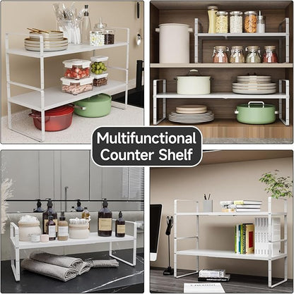 jkxoo 16.5-27’’L Expandable Kitchen Shelf Organizer, Stackable Shelves Organizer, Adjustable Height Pantry Spice Rack for Cabinet, Countertop, Pantry and Cupboard, White