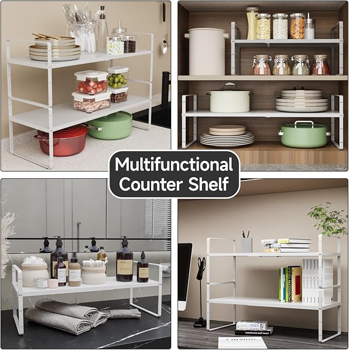 jkxoo 2Pack 16.5-27’’L Expandable Cabinet Shelf Organizers, Stackable Metal Shelves Extender for Kitchen Countertop Storage, Adjustable Spices Shelves Rack Stand for Cupboard Pantry, White