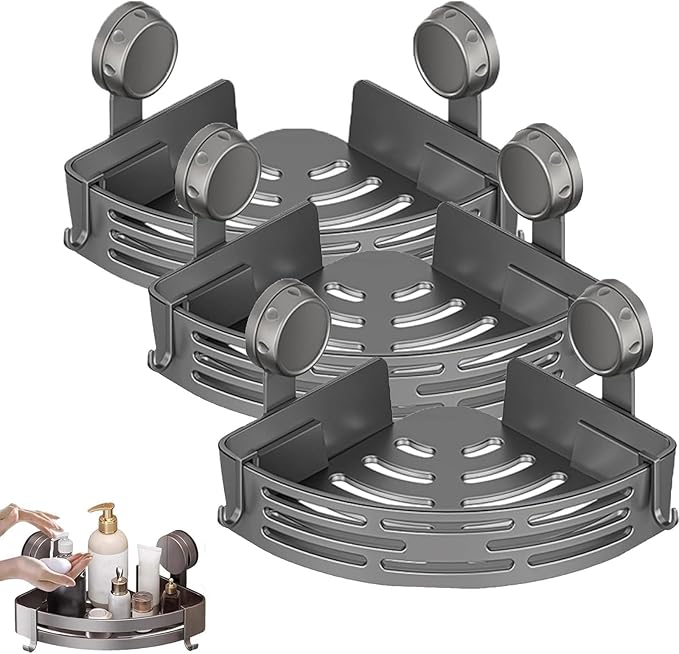 Triangle Suction Cup Shower Caddy, Corner Shower Shelves No Drilling, Aluminum Upgrade Suction Cup Shower Organizer with Towel Bar & Hooks, Heavy-Duty Strong Hold (Gray, 3pcs)