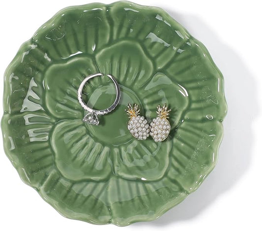 YZMICSTAR Flower Ring Dish Holder,Jewelry Dish Tray,Small Trinket Tray,Jewelry Plate Bowl,Key Bowl,Decorative Plate,Birtdhay Christmas Gifts for Women Friends,Ceramic Green