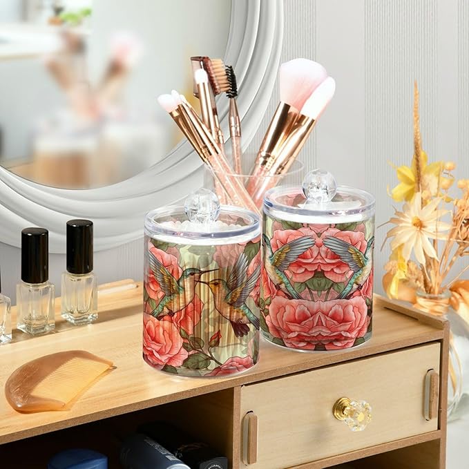 MNSRUU 2 Pack Qtip Holder Organizer Dispenser Flowers and Hummingbirds Pink Bathroom Storage Canister Cotton Ball Holder Bathroom Containers for Cotton Swabs/Pads/Floss