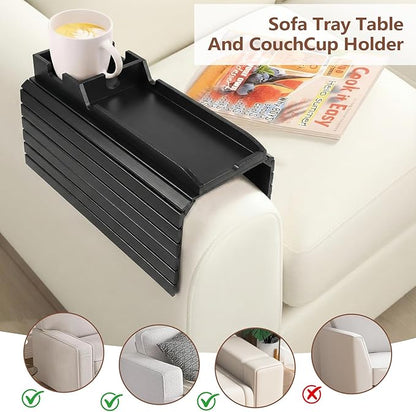 Foldable Bamboo Couch Arm Tray with Cup Holder - Anti-Slip Sofa Armrest Organizer for Drinks, Snacks, Remotes, Phones & More - Eco-Friendly Home Decor Gift (Black)