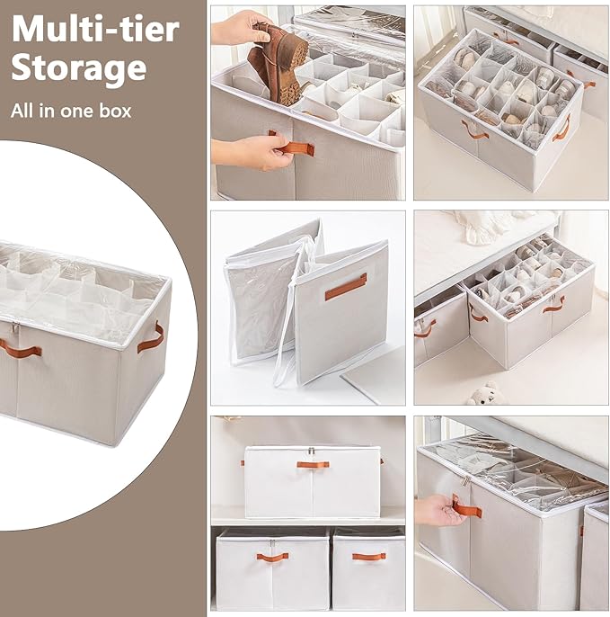 SLDYH Shoe Organizer for Closet, Tidy Up and Organize, Shoe Storage Easy to Store and Search, 12-20 Grid Fabric Shoe Box with Clear Cover (Grey, 16 Grids)