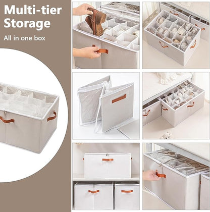 SLDYH Shoe Organizer for Closet, Tidy Up and Organize, Shoe Storage Easy to Store and Search, 12-20 Grid Fabric Shoe Box with Clear Cover (Grey, 16 Grids)