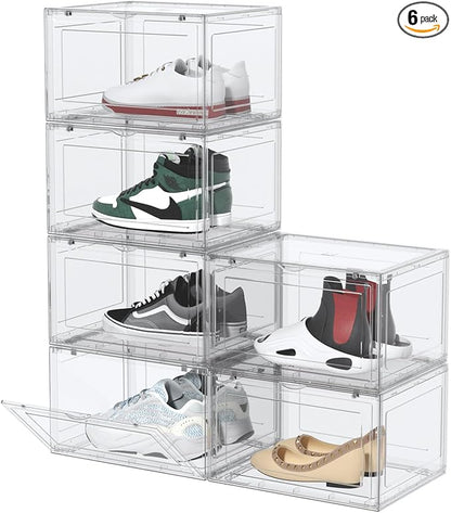 Afromy Shoe Storage Boxes Organizers Clear Plastic Stackable 6 Pack, Sneaker Containers for Entryway, Closet, Under Bed