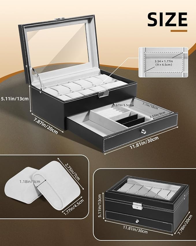 Uten Watch Box, 12 Slots PU Leather Watch Display Case with Jewelry Drawer, Removable Watch Pillow, Metal Clasp, Watch Box Organizer