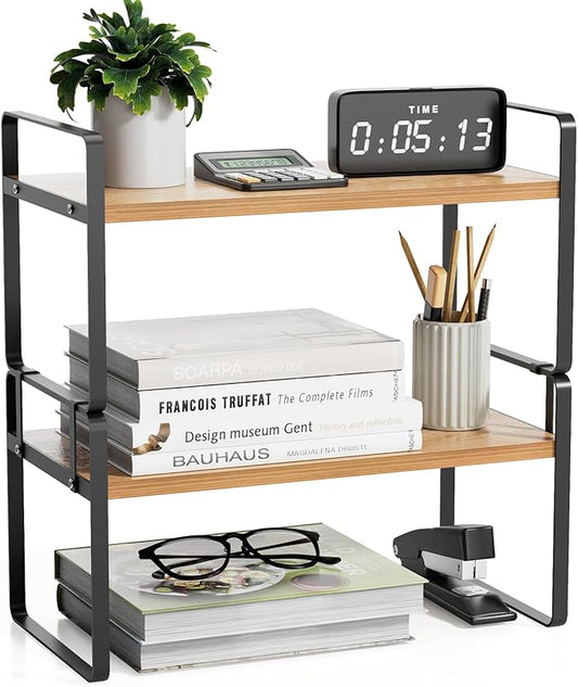 YGYQZ Desk Shelf Organizer for Top of Desk, Detachable 2 Tier Desktop Bookshelf, Wooden Desk Shelves Storage Rack, Small Desktop Shelf for Office Home Dorm, Tabletop Desk Organizer Stand (Black Wood)