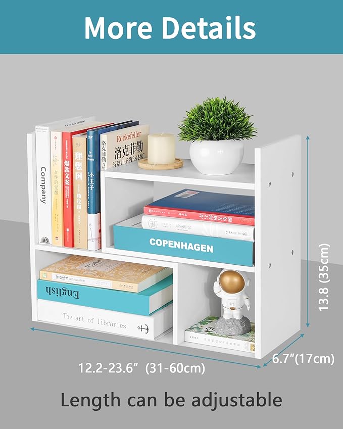 Desktop Shelf Organizer,Adjustable Stackable Office Storage Rack,Wood Display Shelf,White Small Bookshelf for Desktop,Tabletop Desk Shelf,Multipurpose Shelves for Office, Dormitory,Home Decor.