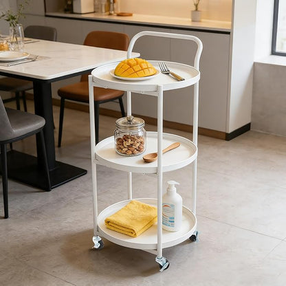Round 3-Tier Rolling Bar Cart with Locking Wheels, Metal Serving Cart with Handle, 18" x 16" Mobile Organizer for Dining Room, Living Room, Bar (White)