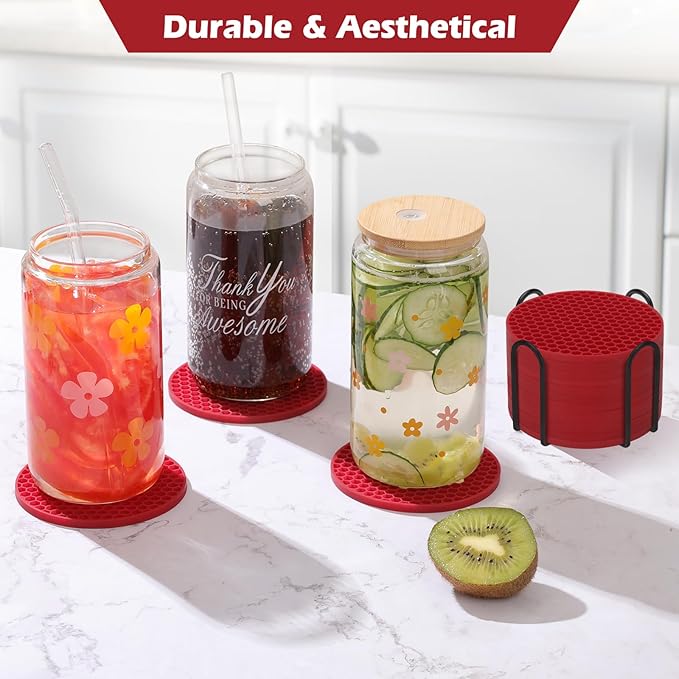 Silicone Coaster Set of 12 with Holder, Drinks Coasters, Beer & Coffee, Suitable for All Cups, Hot or Cold, Anti-Slip, Non-Stick, Anti-Overflow Tabletop Protection and Decor (12 Pcs, Wine Red)