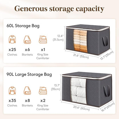 Lifewit Large Capacity Clothes Storage Bag Organizer with Reinforced Handle Thick Fabric for Comforters, Blankets, Bedding, Foldable with Sturdy Zipper, Clear Window, 27 Pack, 90L, Grey