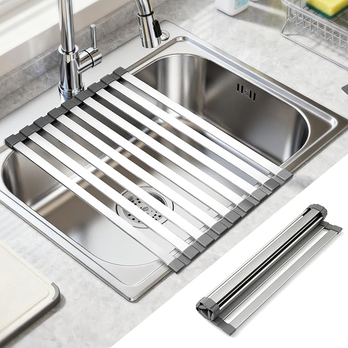 Hobychild 19" X 13" Roll Up Dish Drying Rack，Over The Sink Drying Rack 304 Stainless Steel Foldable Heat-Resistant Dishes Drainer for Kitchen and RV Sink Counter