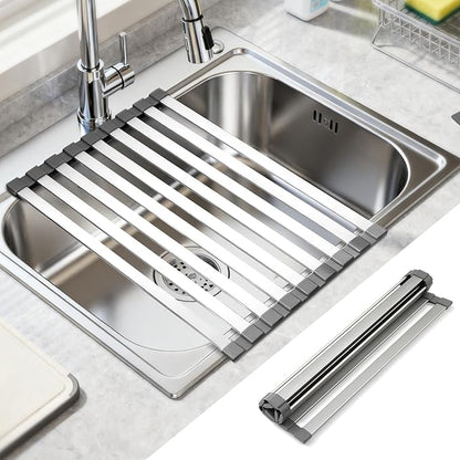 Hobychild 19" X 13" Roll Up Dish Drying Rack，Over The Sink Drying Rack 304 Stainless Steel Foldable Heat-Resistant Dishes Drainer for Kitchen and RV Sink Counter