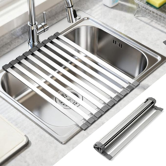 Hobychild 19" X 13" Roll Up Dish Drying Rack，Over The Sink Drying Rack 304 Stainless Steel Foldable Heat-Resistant Dishes Drainer for Kitchen and RV Sink Counter