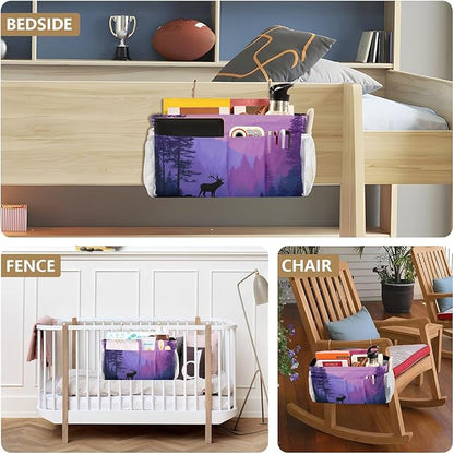 CuwrYet Bedside Caddy Hanging Bunk Bed Caddy Bed Organizer Hanging Pocket with 2 Hooks Bedside Storage Organizer Pocket Bag Holder Purple Stag Mountains and Forest