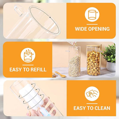 Glass Jars with Bamboo Lids and Spoons - 2 Pack 31 Fl.oz Round Flour Sugar Storage Containers Set, Includes Labels, Marker and Brush, Clear Glass Canister for Kitchen Pantry, Cereal, Rice, Pasta