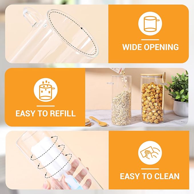 Glass Storage Jars with Airtight Lid - 4 Pack 31 Fl.oz Round Glass Jar with Bamboo Lids and Spoon, Includes Labels, Marker and Brush, Pasta Storage Containers, Cereal, Flour, Rice Canister