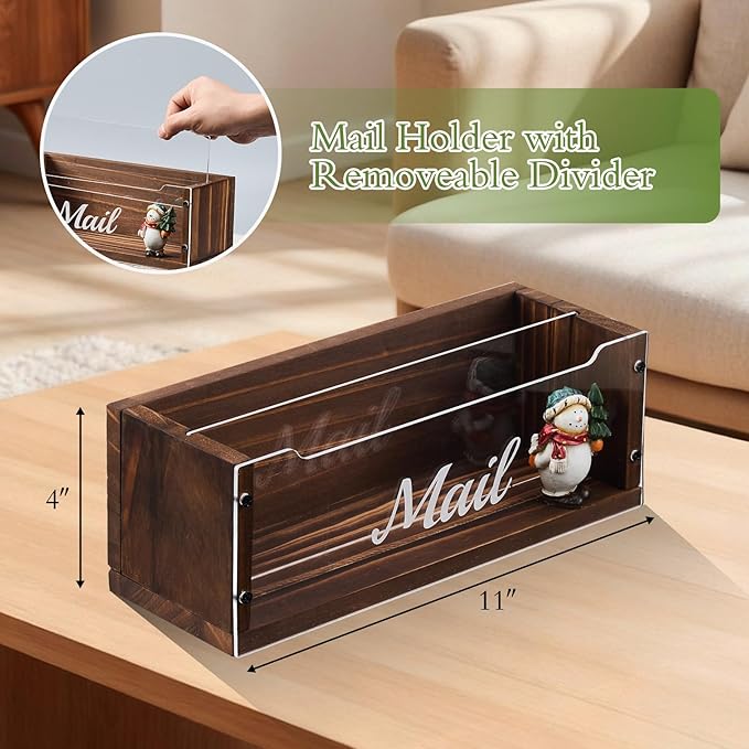 Mail Holder with Clear Acrylic Dividers - 2 Slots Mail Organizer Desktop, Mail Sorter Inside Home and Office, Solid Wood Mail Box for Wall