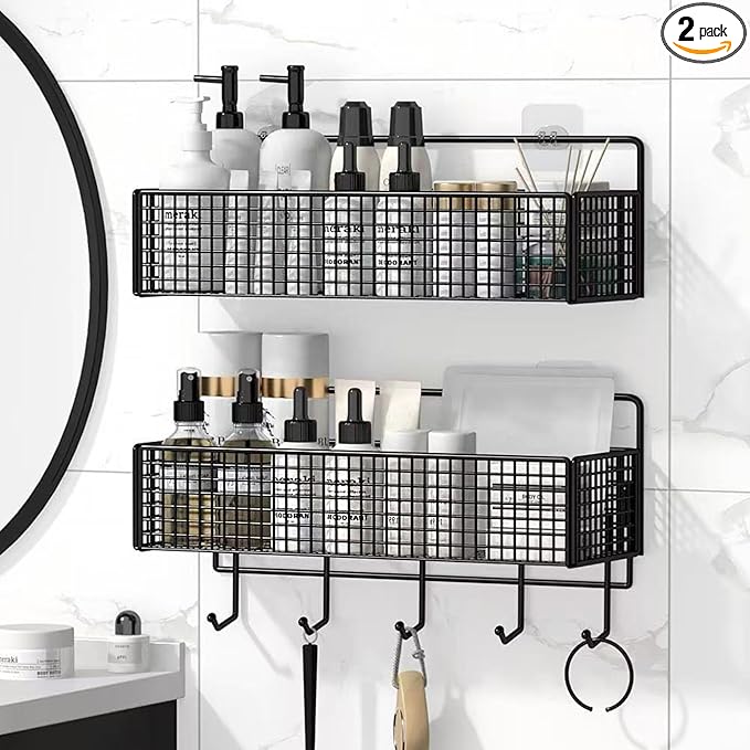 Metal Hanging Baskets 2-Pack - Wire Wall Storage Organizer with Hooks, Adhesive Shelves for Kitchen, Bathroom, Pantry (Spice Rack, Cabinet Organizer, Shower Caddy) Garage RV Black