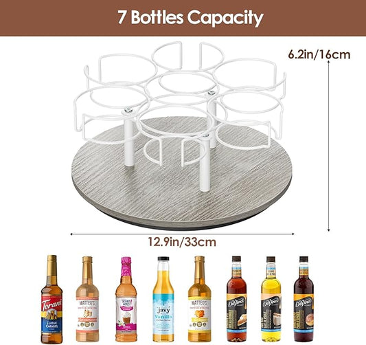 Rotating Coffee Syrup Organizer, 7 Bottles Coffee Syrup Rack for Countertop Syrup Bottle Holder Stand for Coffee Bar Station, Carbon Steel Frame with Wooden Base Coffee Bar Accessory, White