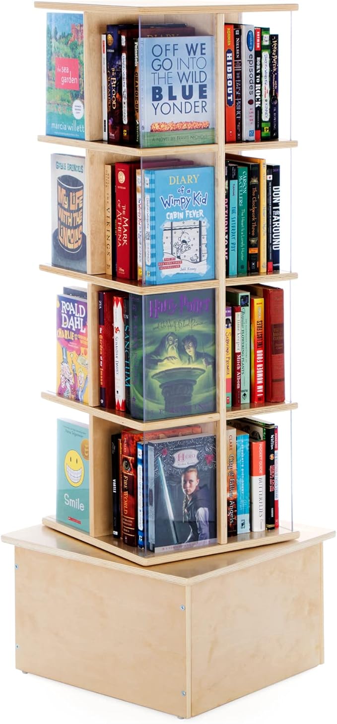 Guidecraft Floor Standing Rotating Book Display: Spinning Bookshelf Tower for Classroom, Kids Playroom, Library | Revolving Bookcase w/Acrylic Windows, Birch Plywood Montessori Storage Furniture