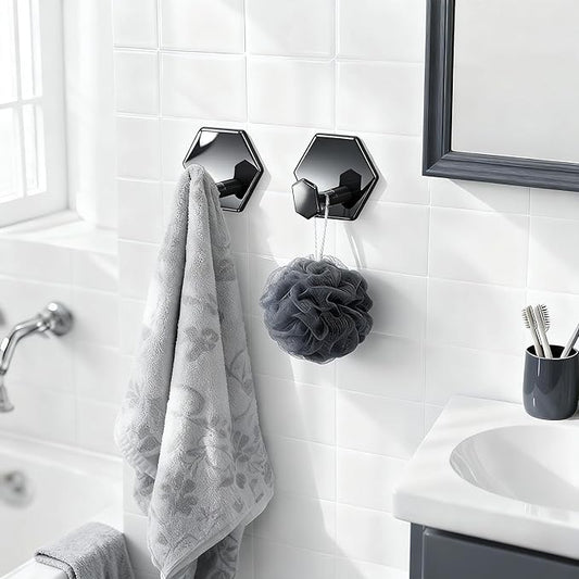 Tindbea Adhesive Towel Hooks Heavy Duty Wall Hooks Waterproof Stainless Steel Shower Rack for Coat, Key, Hat, Robe, Clothes, Picture Hanging Towel Hooks for Bathrooms Kitchen Door (4-Pack, Black)
