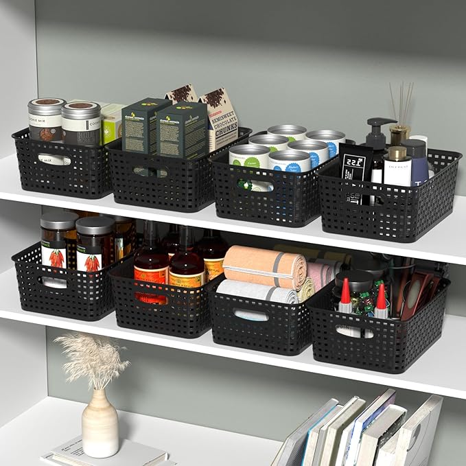 Plastic Shelf Storage Baskets, Plastic Pantry Weave Basket, Black, 12 Packs