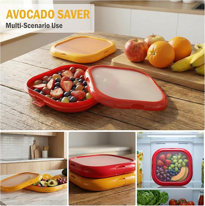 LYLHZRMDGC 2 Pack Reusable Silicone Storage Boxes, Avocado Saver & Onion Storage for Avocado, Cut Onions, Tomatoes, Garlic and Leftovers in Fridge (Red/Yellow)