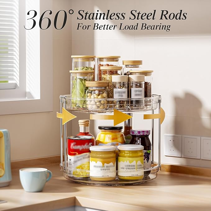 LAMU 2 Pack 2 Tier Lazy Susan Turntable Organizer 10.6'' Rotating Spice Rack Organization for Cabinet, Kitchen, Pantry, Countertop, Bathroom, Vanity, Medicine Cabinet Organizer, Clear