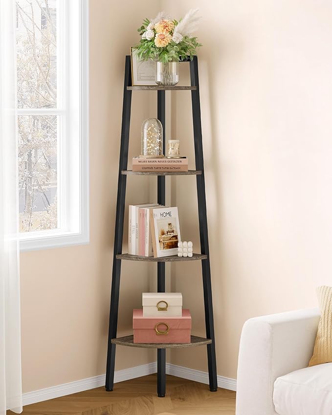 Hoctieon Corner Shelf, 4-Tier Corner Bookshelf, Rustic Ladder Shelf, Industrial Display Stand for Living Room, Kitchen, Home Office, Balcony, Small Space, Metal Frame, Grey
