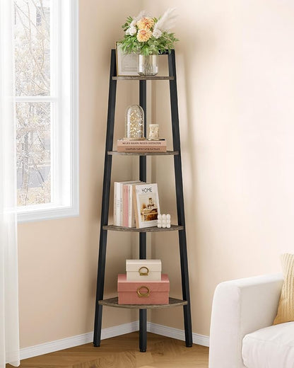 Hoctieon Corner Shelf, 4-Tier Corner Bookshelf, Rustic Ladder Shelf, Industrial Display Stand for Living Room, Kitchen, Home Office, Balcony, Small Space, Metal Frame, Grey