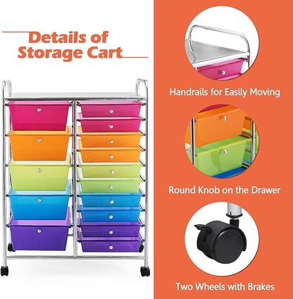 KOTEK 15-Drawer Rolling Storage Cart, Multipurpose Mobile Utility Cart with 4 Wheels, Home Office School Tools Scrapbook Paper Organizer (Multicolor)