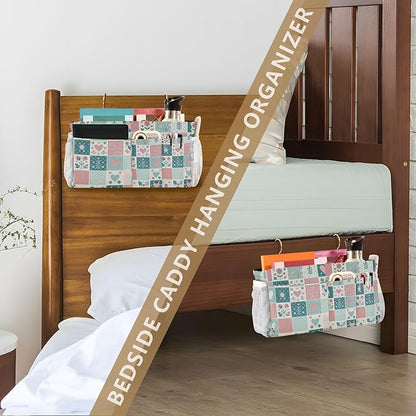 Jihqo Bedside Caddy Hanging Storage Bag Gingham Floral Bedside Organizer Caddy for Bunk, Dorm Room, Hospital Beds - Place Magazines / Remotes / Keys