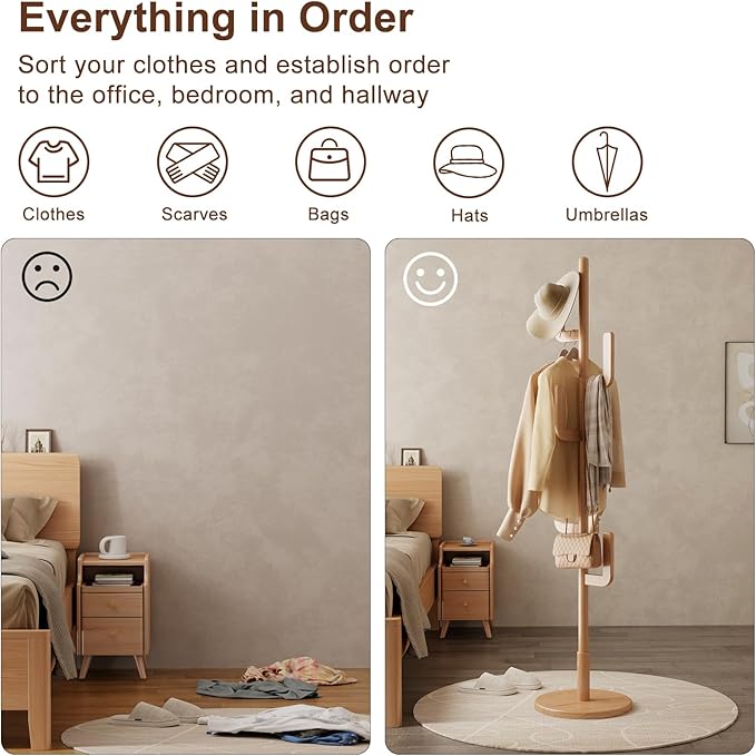 Solid Wood Cactus Coat Rack, Freestanding Coat Rack With 6 L-Shaped Hooks and 3 Adjustable Sizes, Coat Tree for Bedroom, Entryway, Livingroom, Coat Hanger Stand for Coats, Handbags (Natural)