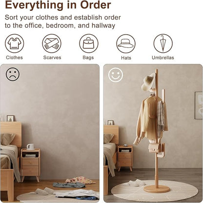 Solid Wood Cactus Coat Rack, Freestanding Coat Rack With 6 L-Shaped Hooks and 3 Adjustable Sizes, Coat Tree for Bedroom, Entryway, Livingroom, Coat Hanger Stand for Coats, Handbags (Natural)